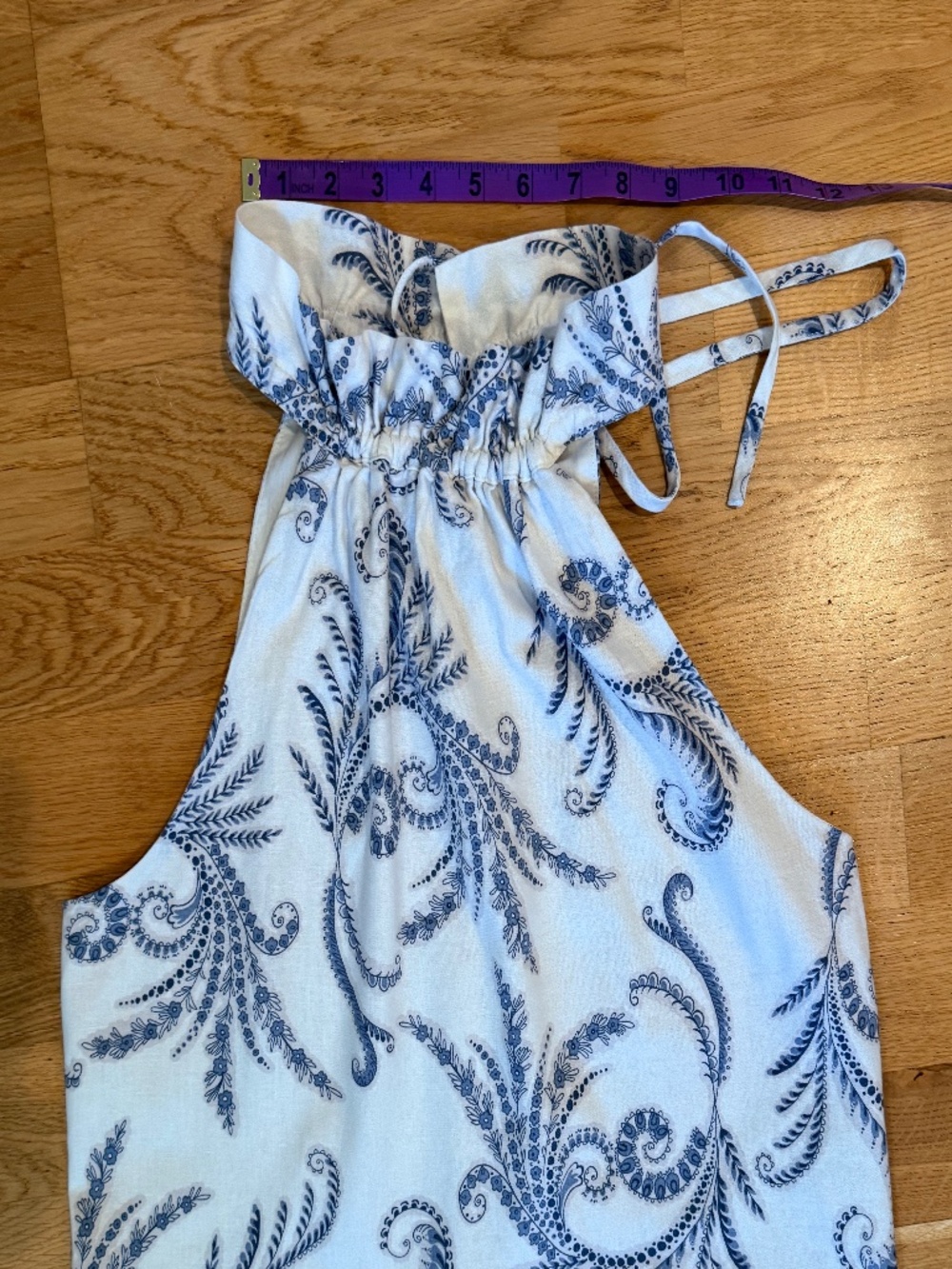 Banana Republic Linen Blend Blouse Size 6 Blue White Paisley Coastal Ruched Tie - Picture 7 of 7